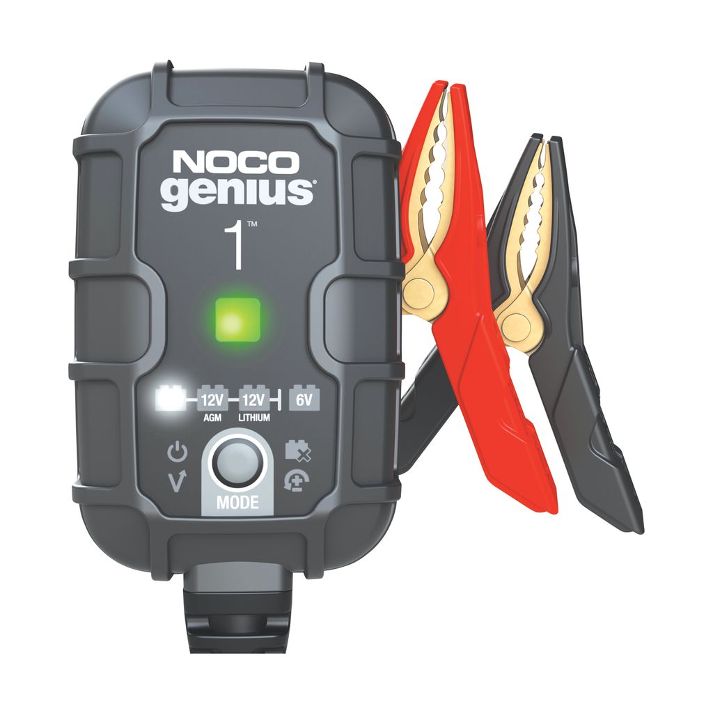 A NOCO Genius 1 battery charger with red and black clamps attached.