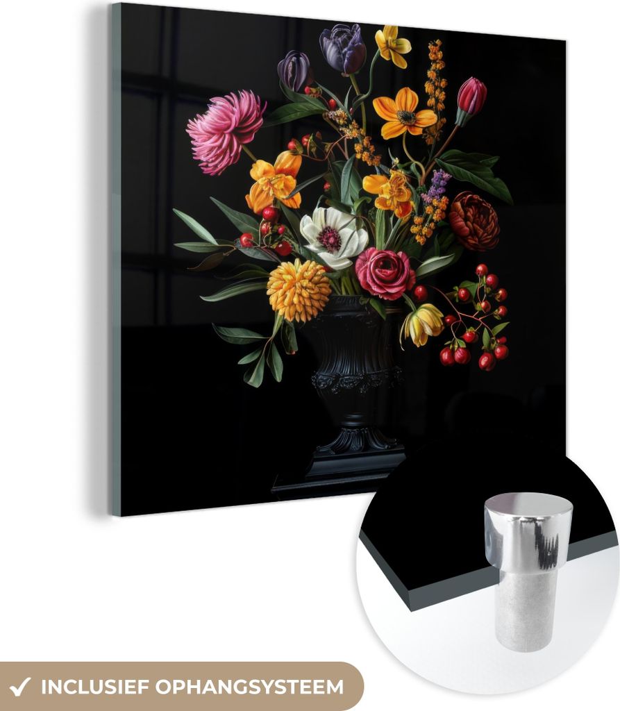 MuchoWow Glasbilder - Bilder auf Wandbild - Foto auf Glas Ornamental - Blumenstrauß - Blätter 40x40 cm Wanddekoration aus Glas - Acrylglasbild - ...