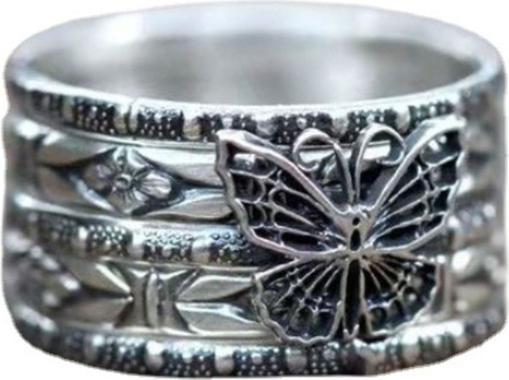 5-teiliges Ringset, stapelbar, ausgehöhlter Schmetterlingsanhänger, Retro-Hip-Hop-Stil, gebogen, europäisch-amerikanischer Stil, hochglanzpolier...