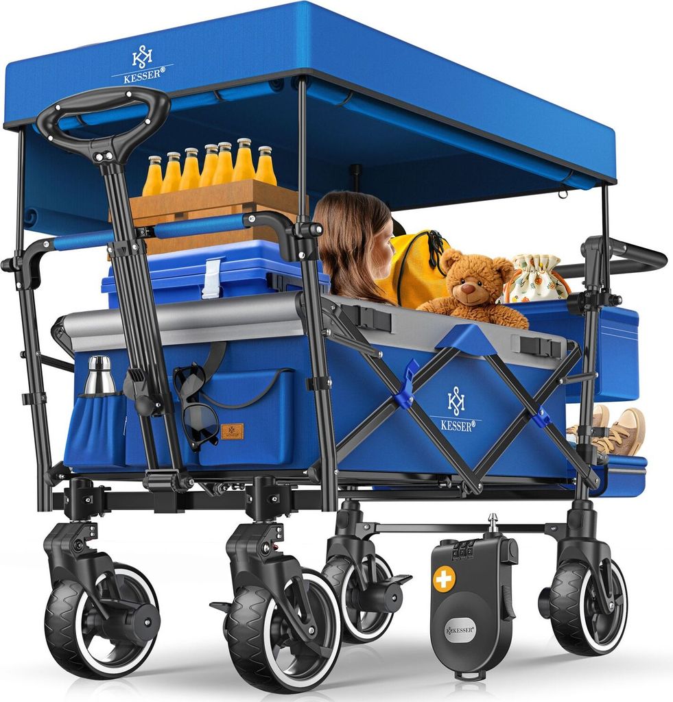 KESSER Bollerwagen Faltbar GTS-9100 mit Dach Handwagen Transportwagen klappbar belastbar bis 150kg mit Hartgummi-Räder & Feststellbremsen Vorne ...