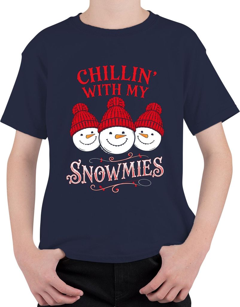 Chillin' With My Snowmies Weihnachten Schneemann Winter Lustig Uni Kinder T-Shirt, Navy, 104