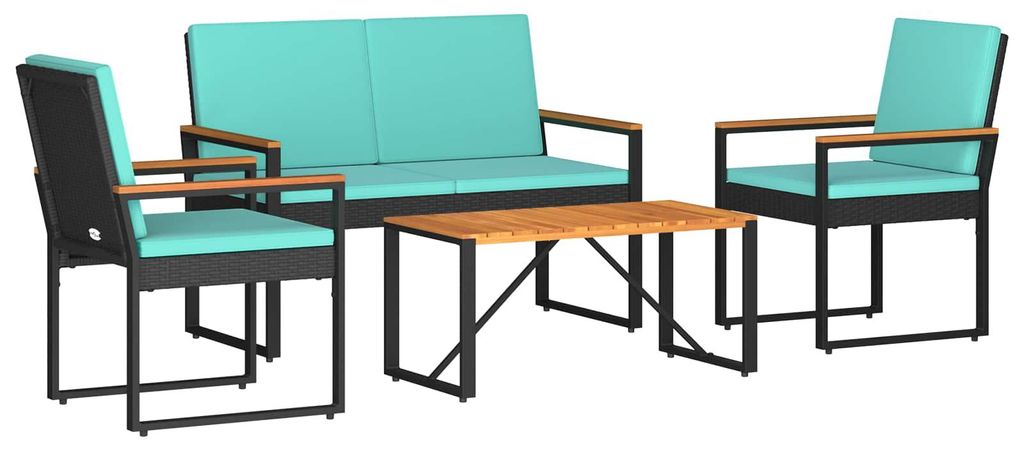Gartenmöbel Set mit Kissen 4 pcs Schwarz und Türkis Poly-Rattan