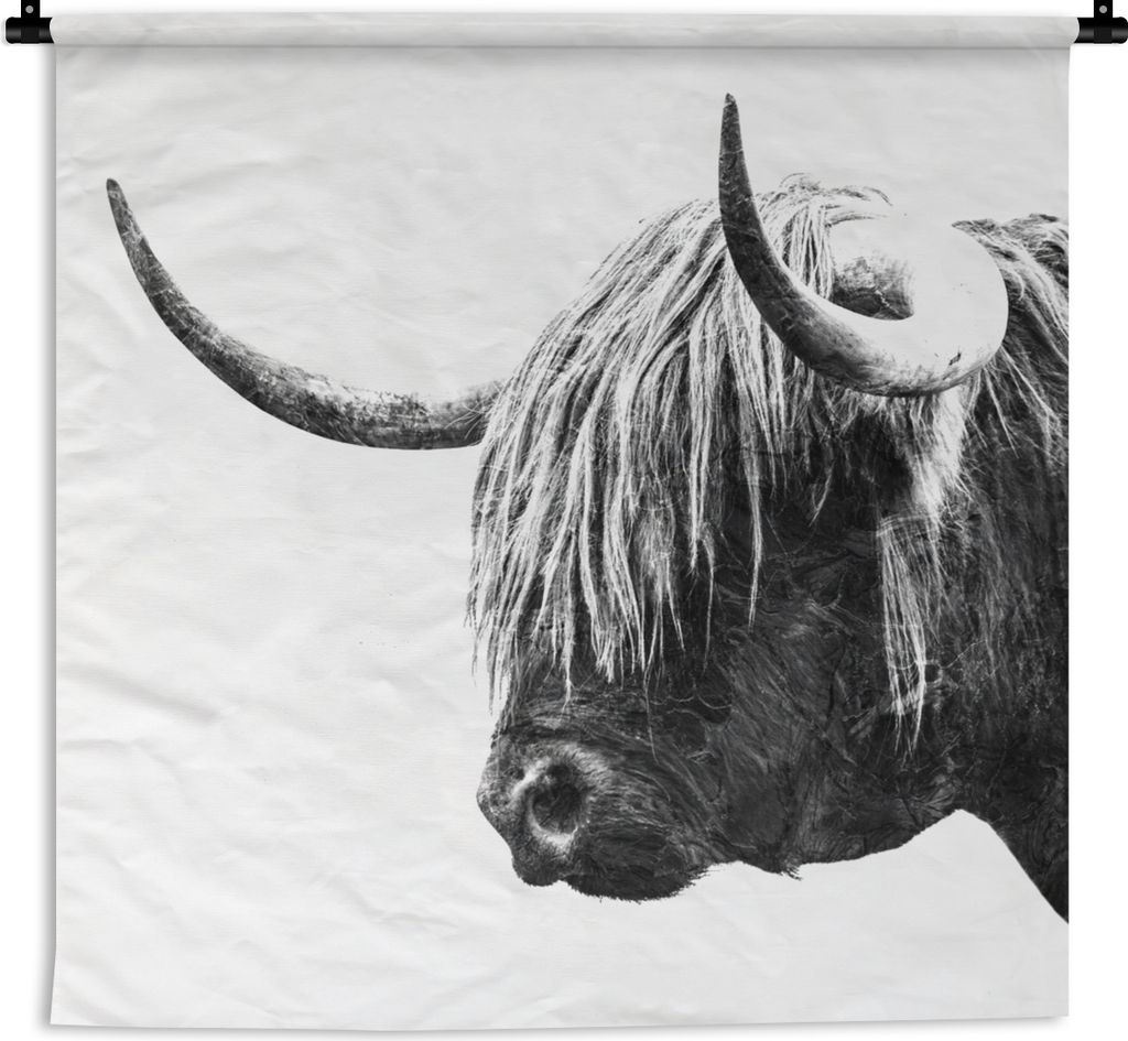 MuchoWow Wandteppich Wandbehang Schottisches Hochlandrind - Horn - Schwarz - Weiß 150x150 cm Tapisserie Dekoration Wandtuch - Wohnaccessoires - ...