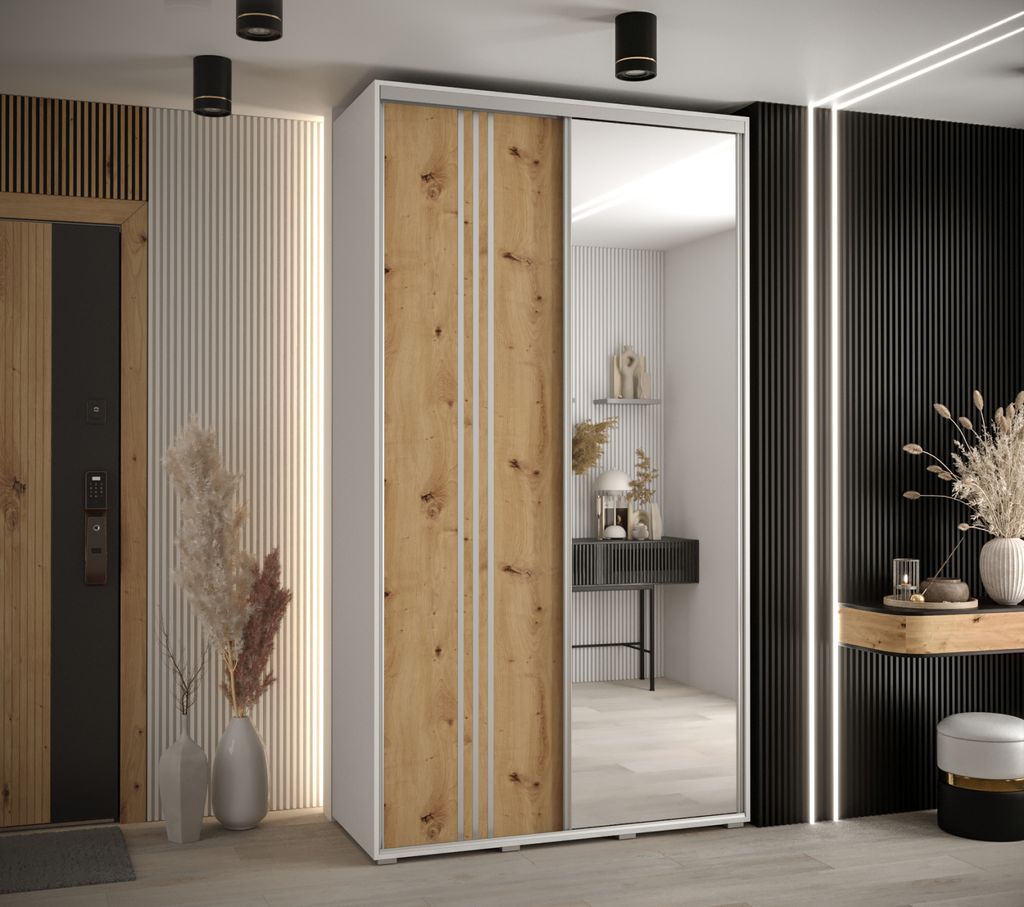 Kleiderschrank YVONA 7 – 130/45 cm, weiß/Eiche handwerklich/silber