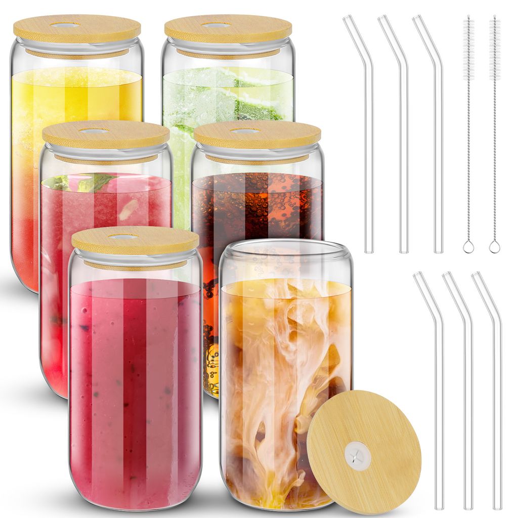 sada 6 sklenic na pití s víčkem a brčkem ze skla 550 Obrázek produktu 10