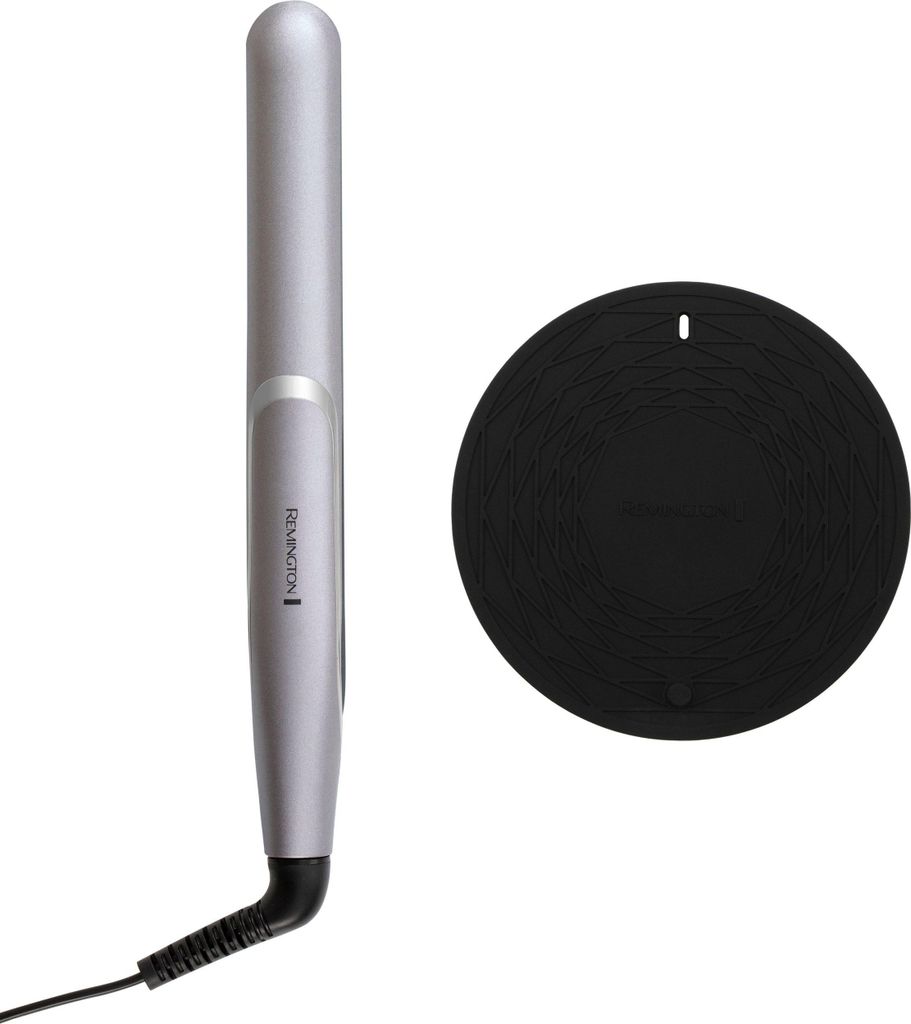 A silver hair straightener and a black heat protection mat are shown against a white background.