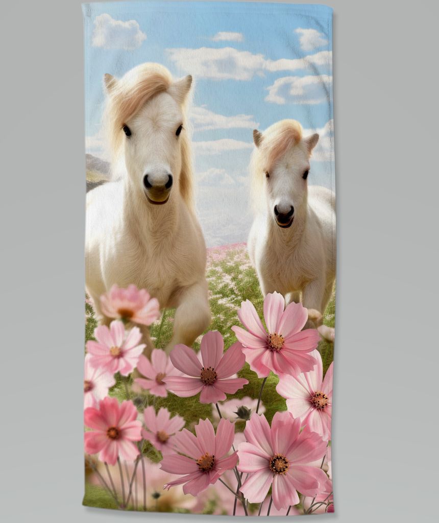 Beach towel Good Morning 75x150 cm - white horses with flowers