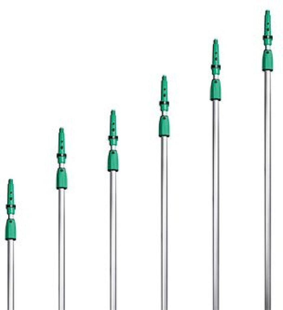 Several telescopic poles of varying lengths are arranged in a line against a white background.