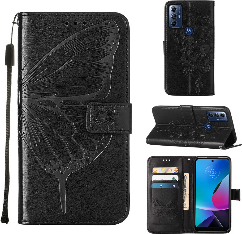 Custodia per Motorola Moto G Play (2023)/Moto G Power (2022) Farfalla in rilievo Custodia in pelle con tasca per carte e supporto Nero