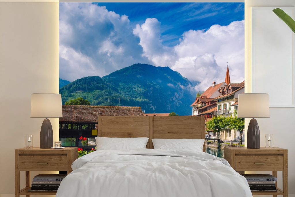 MuchoWow Fototapete für Wohnzimmer oder Schlafzimmer Wandtapete Vinyl Motivtapete Alpen - Interlaken - Schweiz - 350x350 cm - Schlafzimmertapete