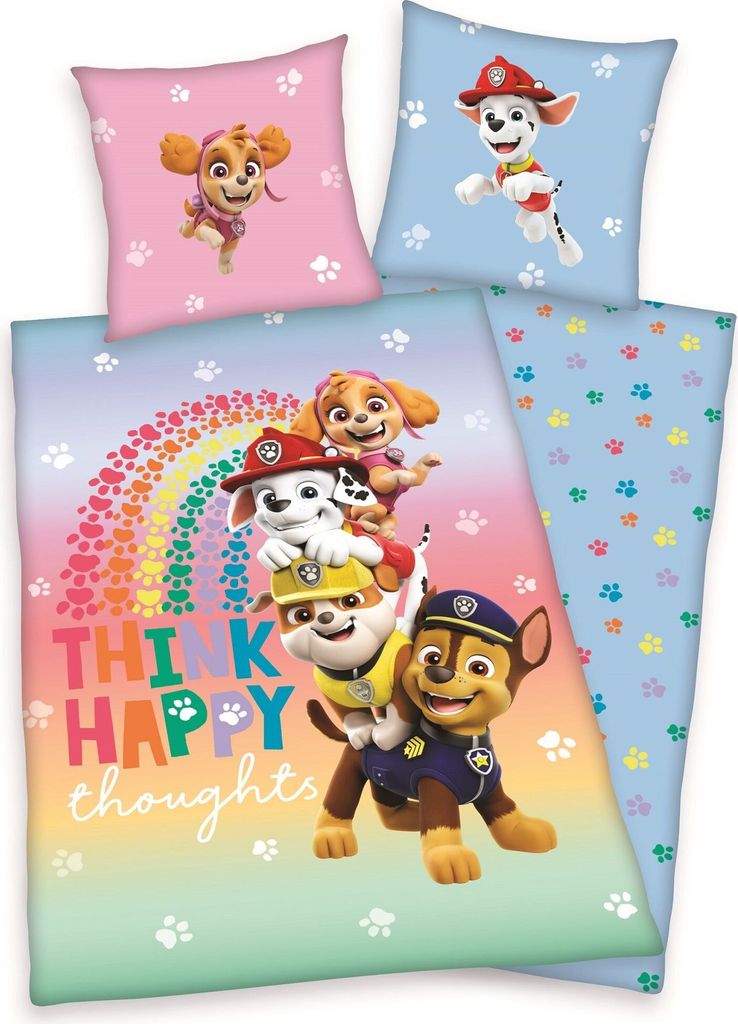 A collection of Paw Patrol themed bedding items, including pillowcases and a duvet cover, featuring cartoon characters and colorful designs.