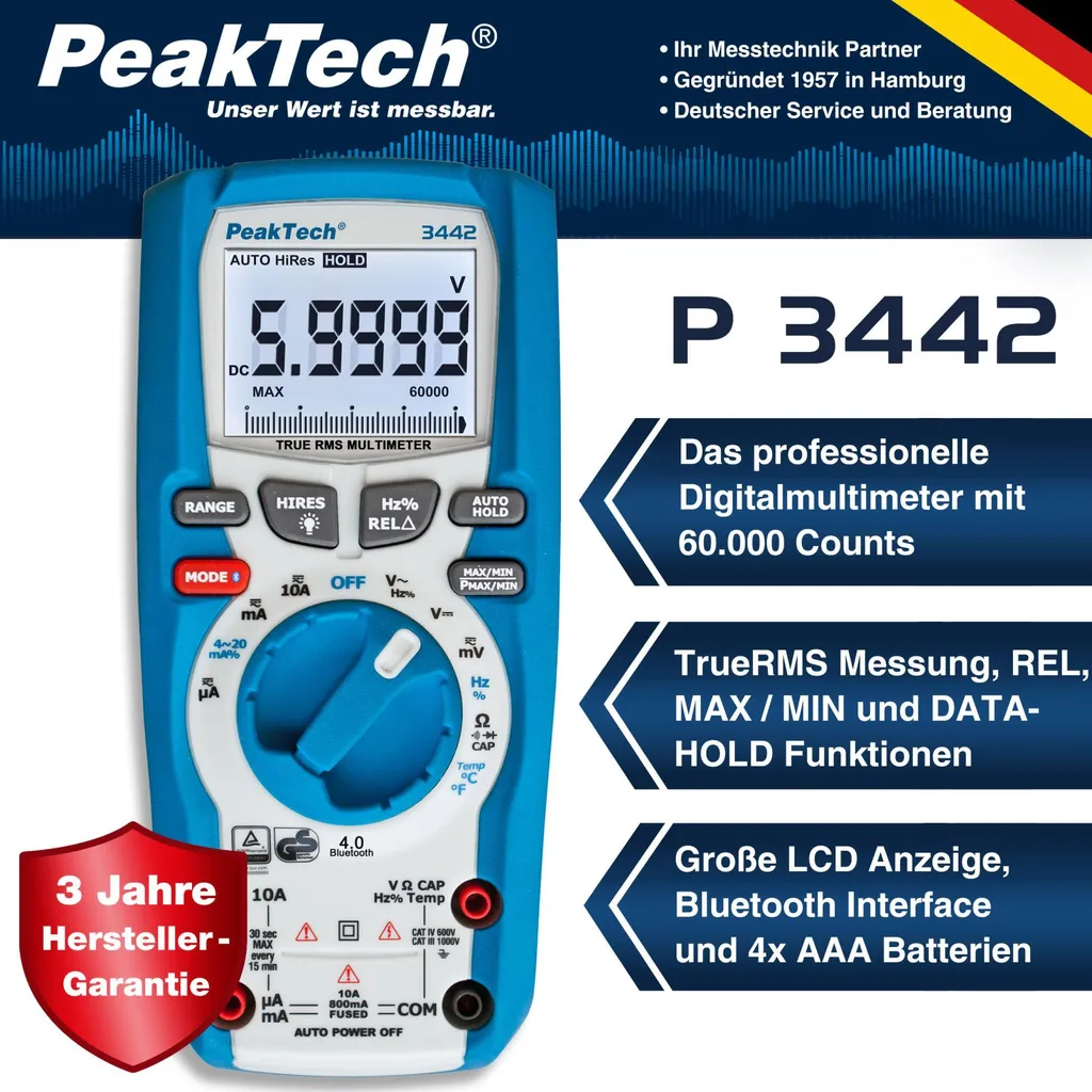 Multimètre numérique professionnel Bluetooth PeakTech P 3442 TrueRMS AC DC - 4