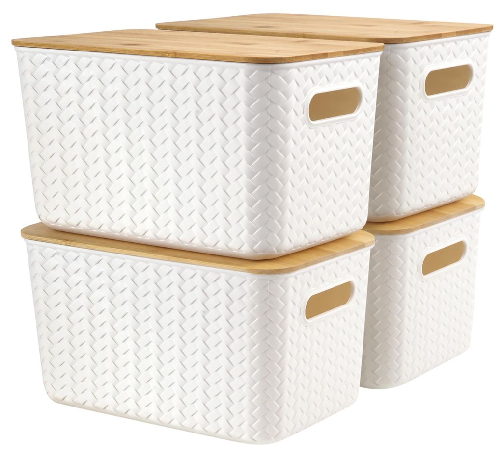 Aufbewahrungsbox mit Deckel (4er-Pack) – Stapelbare Bambusboxen – Kunststoffboxen – Dekorative Box für Schreiben und Büro – Nachhaltige K...