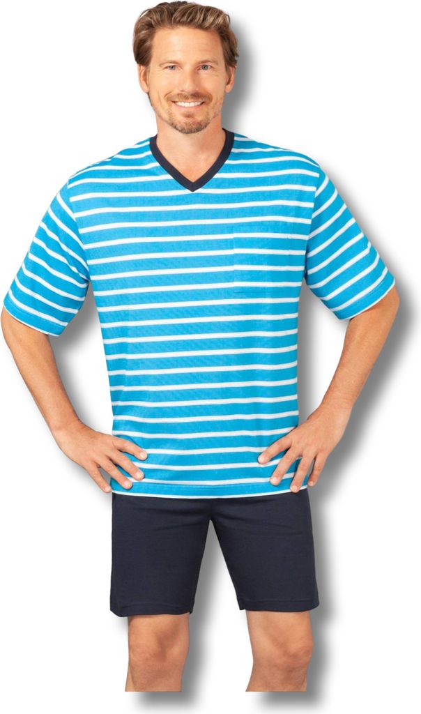 Hajo Herren Schlafanzug Shorty V-Ausschnitt Klima Light Aquamarin