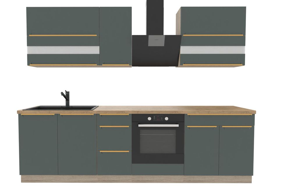 Küchenzeile 270 cm - Dunkelgrüne Küche - Mit Arbeitsplatte Lancelot Eiche - Einbauküche mit Metallbox Schubladen - Goldene Griffe - GLAMOUR A