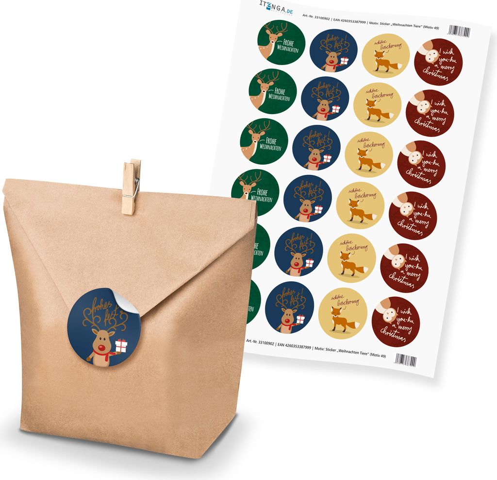 SET Weihnachten Tiere (Motiv 49) 24x Geschenktüten + 24x MiniKlammer + 24x Stick