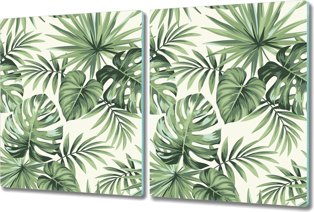 Herd-Abdeckplatte Glas Schneidebrett Ceranfeld-Abdeckung - 2x 40x52 cm - Grüne Palmblätter