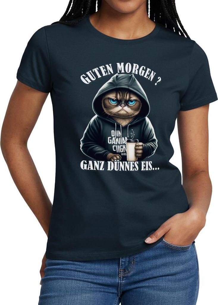 Spreadshirt Guten Morgen Ganz Dünnes Eis Katze Frauen T-Shirt, XL, Navy