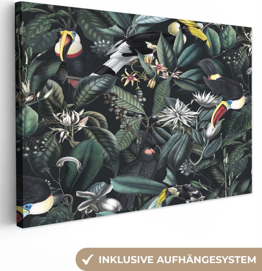 OneMillionCanvasses - Leinwandbilder - 150x100 cm, Blumen - Tukan - Blätter, Wandbilder Kunstdruck Wanddekoration