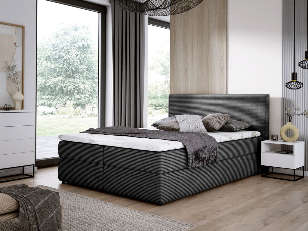 E-ZIMPAZ Boxspringbett SIMPLE 160x200 cm, Polsterbett mit Zwei Bettkasten, Komplett-Set mit Matratze und Topper, Doppelbett Cordstoff - Grau