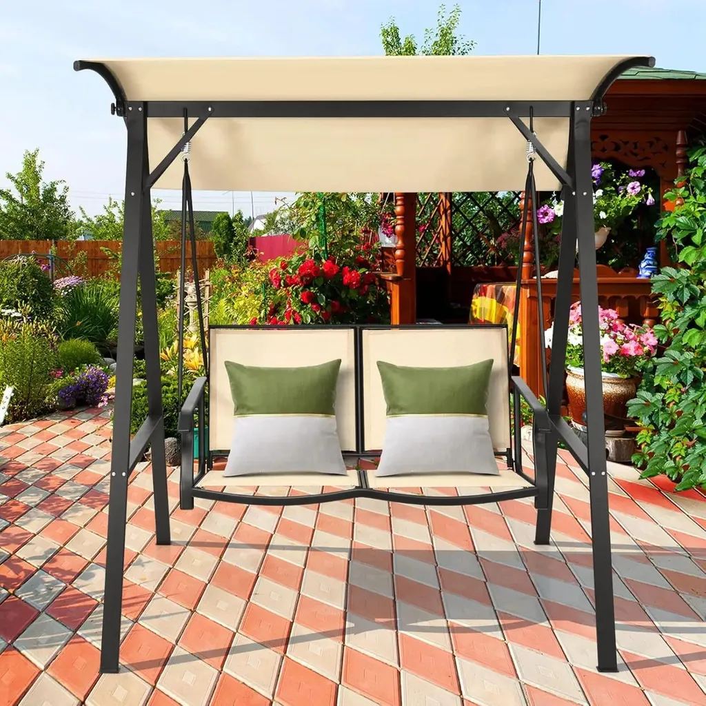 Balançoire de jardin avec toit ajustable et banc 2 places beige chic - 2