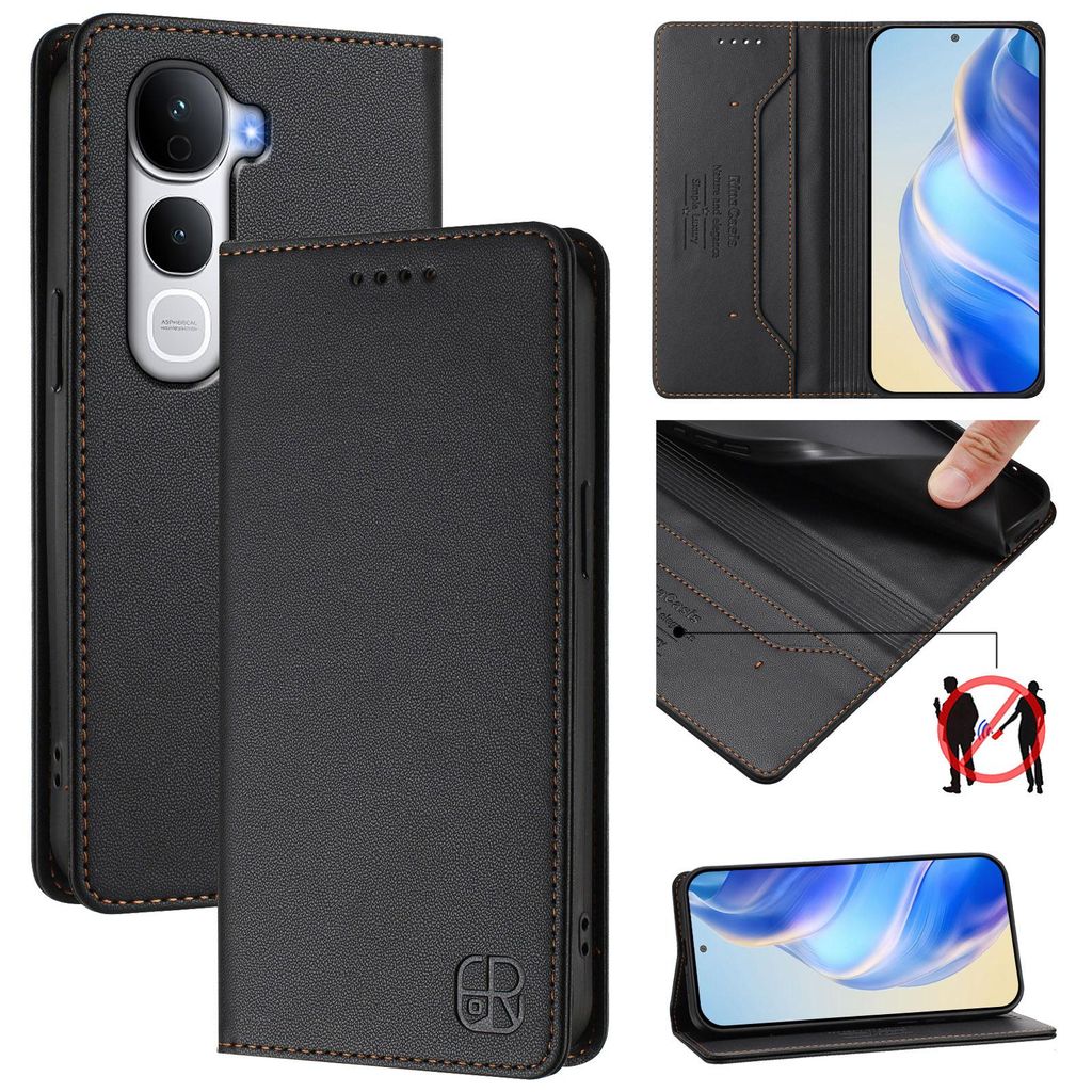 Lederhülle für vivo Y400 Pro 5G Hülle Flip Brieftasche Kartenfächern Ständer Schutzhülle Schwarz