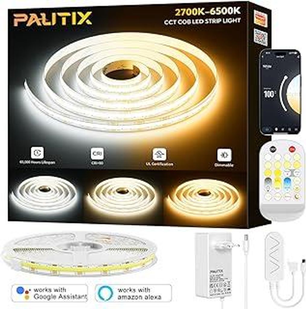 PAUTIX WIFI Smart COB LED Streifen CCT 5M,Abstimmbares Weiß 2700K-6500K LED Band,24V LED Strip Light Funktioniert mit Alexa/Google Assistent und N...