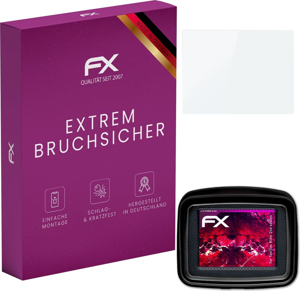 atFoliX FX-Hybrid-Glass Displayfolie kompatibel mit TomTom Rider 2nd edition Glasfolie