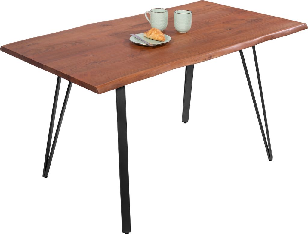 Esstisch Baumkante 140 x 80 cm Akazie massiv nussbaumfarben Metallgestell Schwarz CELIA