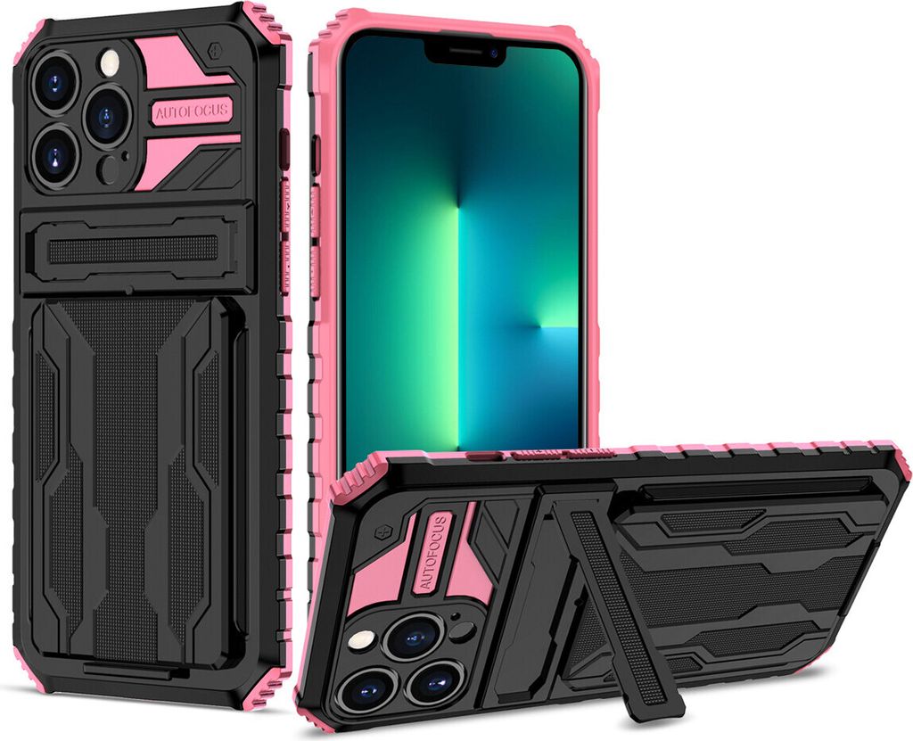 iPhone 14 Pro Hülle, Hybrid Robust Schutz Stoßfest Schutzhülle mit Kartenhalter Ständer für iPhone 14 Pro Rosa