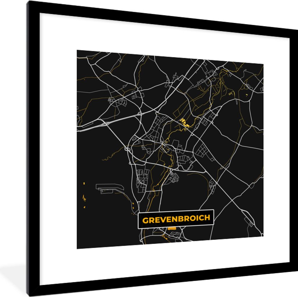 MuchoWow Gerahmtes Poster Schwarz und Gold - Stadtplan - Grevenbroich - Deutschland - Karte 40x40 cm - Poster mit Schwarzem Bilderrahmen Wandpost...