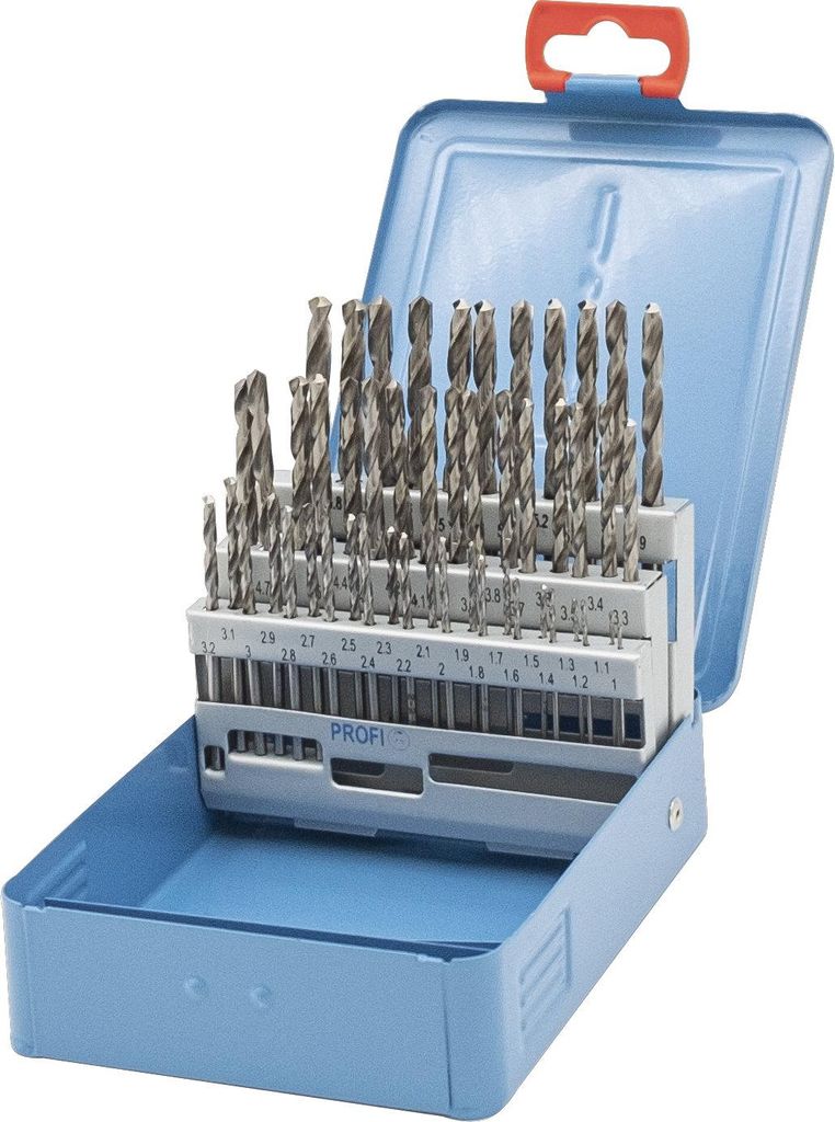 PTG HSS PROFILINE Spibo DIN 338, Typ N, rechts geschliffen -blank- 50-tlg. 1,0- 5,9 x 0,1 mm in Metallkassette Farbe blau