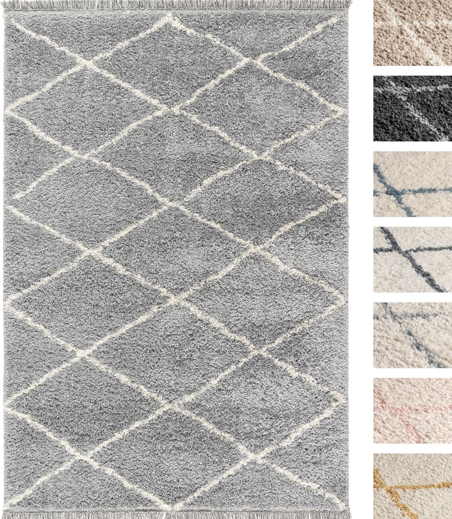 Hochflor Teppich Laufer 80 x 150 Silber Diamantmuster , Super Soft Moderner Shaggy Teppich