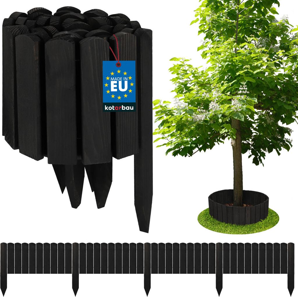 A product image showing black wooden garden edging and a small tree surrounded by similar edging.