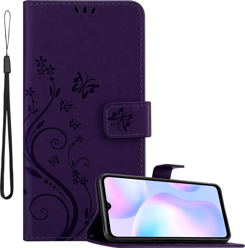 Cadorabo Hülle für Xiaomi RedMi 9A / RedMi 9AT in FLORAL DUNKEL LILA Schutzhülle im Blumen Design mit Magnetverschluss, Standfunktion und Karten...