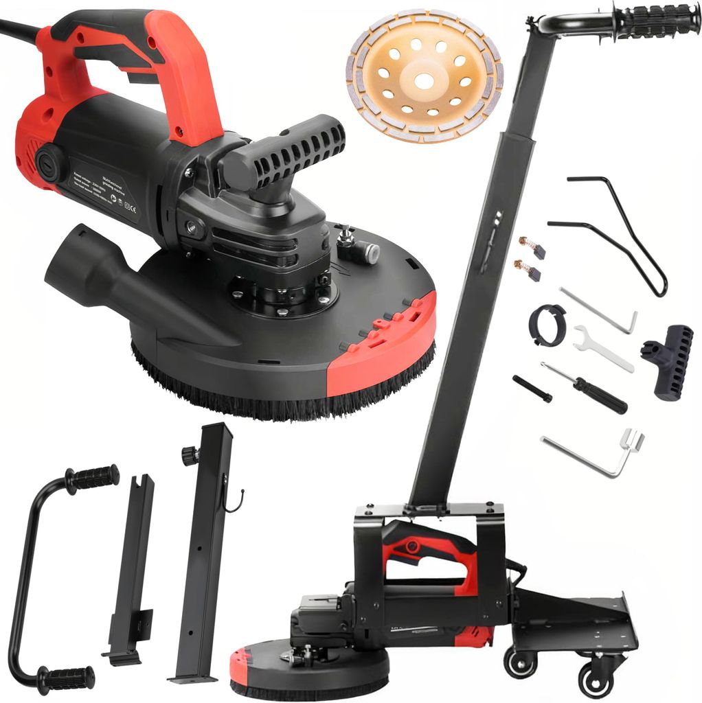 A collection of concrete grinders and accessories, including a large floor grinder with a long handle, a handheld grinder, and various tools and attachments, displayed against a white background.
