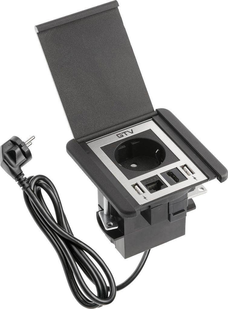 GTV - Möbelsteckdose FLIP, Einbausteckdose, 1x Schuko Steckdose, 2X USB A, 1x RJ45, 1x HDMI, Kabellänge 1,5m, Farbe Schwarz, für Schreibtische, ...