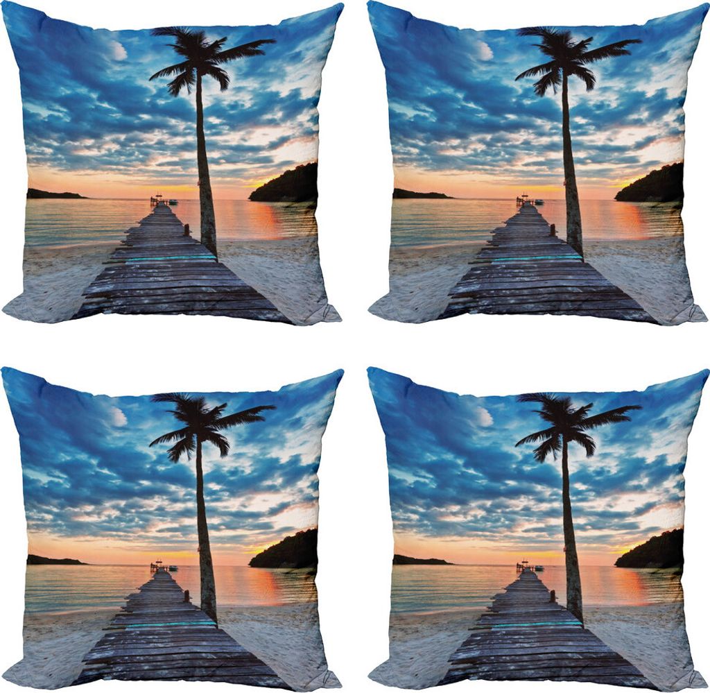 ABAKUHAUS Seebrücke Kissenbezug Set (4 Stück), Rustikale Jetty auf ruhigem Wasser, Moderner Doppelseitiger Digitaldruck, 60 cm x 60 cm, Mehrfarbig