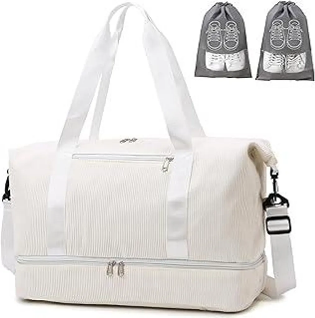 Borsa sportiva Borsa da viaggio da donna, borsa da viaggio Weekender da 35 litri con 2 sacchetti per scarpe, scomparto per scarpe e scomparto impermeabile, borsa da spiaggia in velluto a coste, borsa da allenamento, borsa da viaggio per palestra, viaggi, vacanze