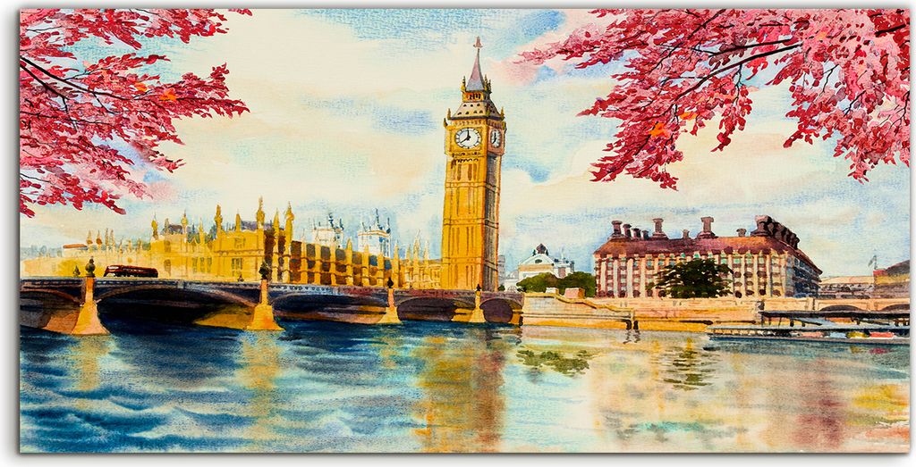 Coloray Acrylbild 120x60 Wandbild Acrylbilder Deko London Big Ben Wasser Baum Brücke