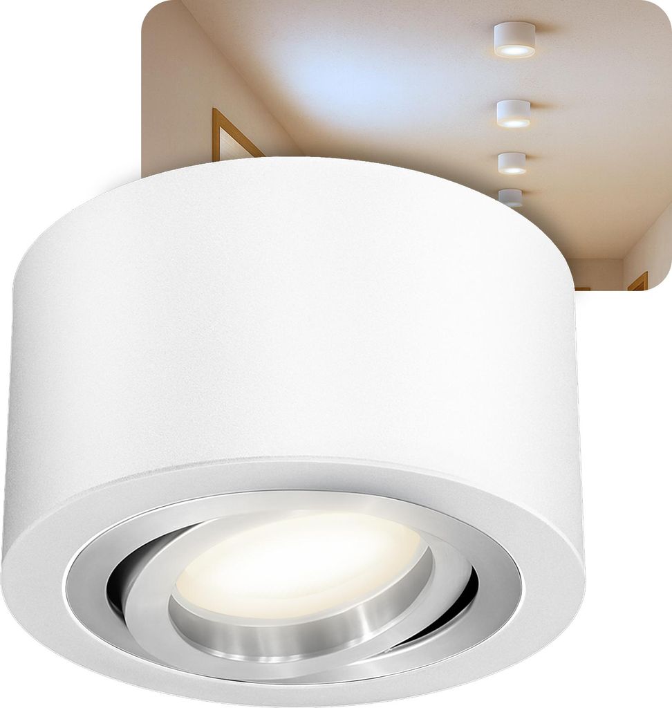 SSC-LUXon LANTI Aufbauspot weiß rund silber Innenring – schwenkbarer Strahler mit LED 4W neutralweiß 230V – Spot für Wohnzimmer & Küche