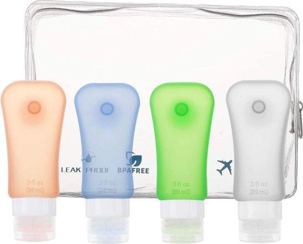 Silikon-Reiseboxen 4er Set, Leckstelle-Abdichtung, BPA-haltigkeitsfreie und FDA-e Reise-Fläschchen mit Saugklammer für Shampoo, Lotion, Haarmaske...