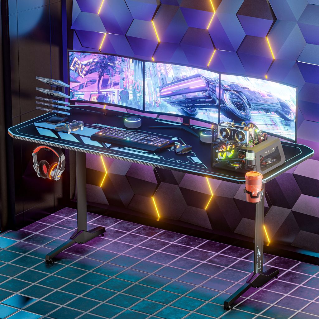 Homdox Gaming Tisch, 1.6m T-Form Computertisch ergonomisch mit großer Mauspad, 160x75x75 cm Schreibtisch, Becherhalter, Kopfhörerhaken, Gaming Gr...