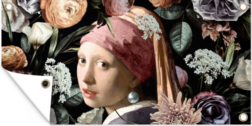 MuchoWow 80x40 cm Outdoor-Poster Gartendeko Sichtschutz Garten Poster für den Garten Mädchen mit Perlenohrring - Blumen - Vermeer - Pastell - ...