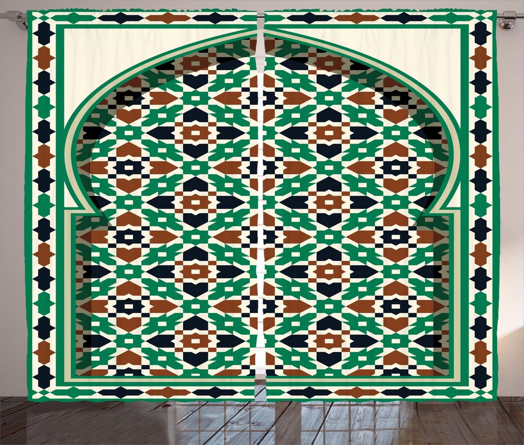 ABAKUHAUS Retro Rustikaler Gardine, Marokkanische Bogen mit Blumen, Schlafzimmer Kräuselband Vorhang mit Schlaufen und Haken, 280 x 245 cm, Grün ...