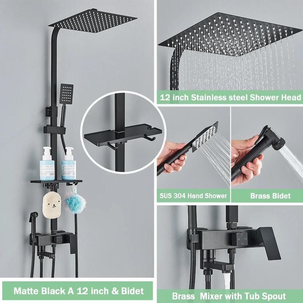 Regendusche Duschsystem - Wandmontage - 30 cm Duschkopf - Gleitstange - Zweigriff Mischbatterie Warm/Kalt - Keramikkartusche - 304 Edelstahl - Schwarz