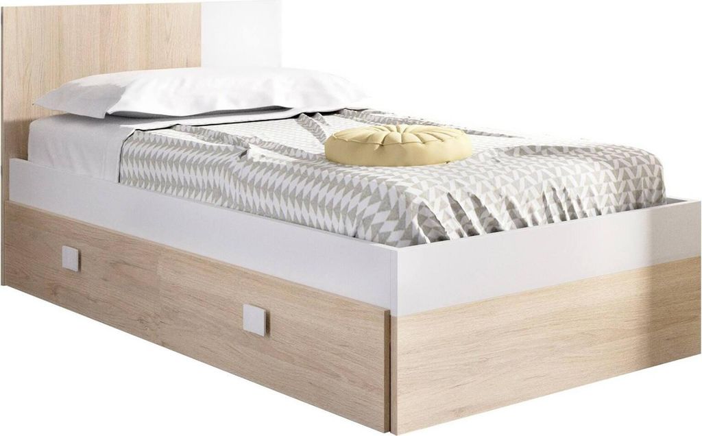 Kinderbett Villongo, Kinderbett für Schlafzimmer, Einzelbett mit Kommoden, Struktur mit ausziehbarem Bett, 97x196 h79 cm, Weiß und Eiche