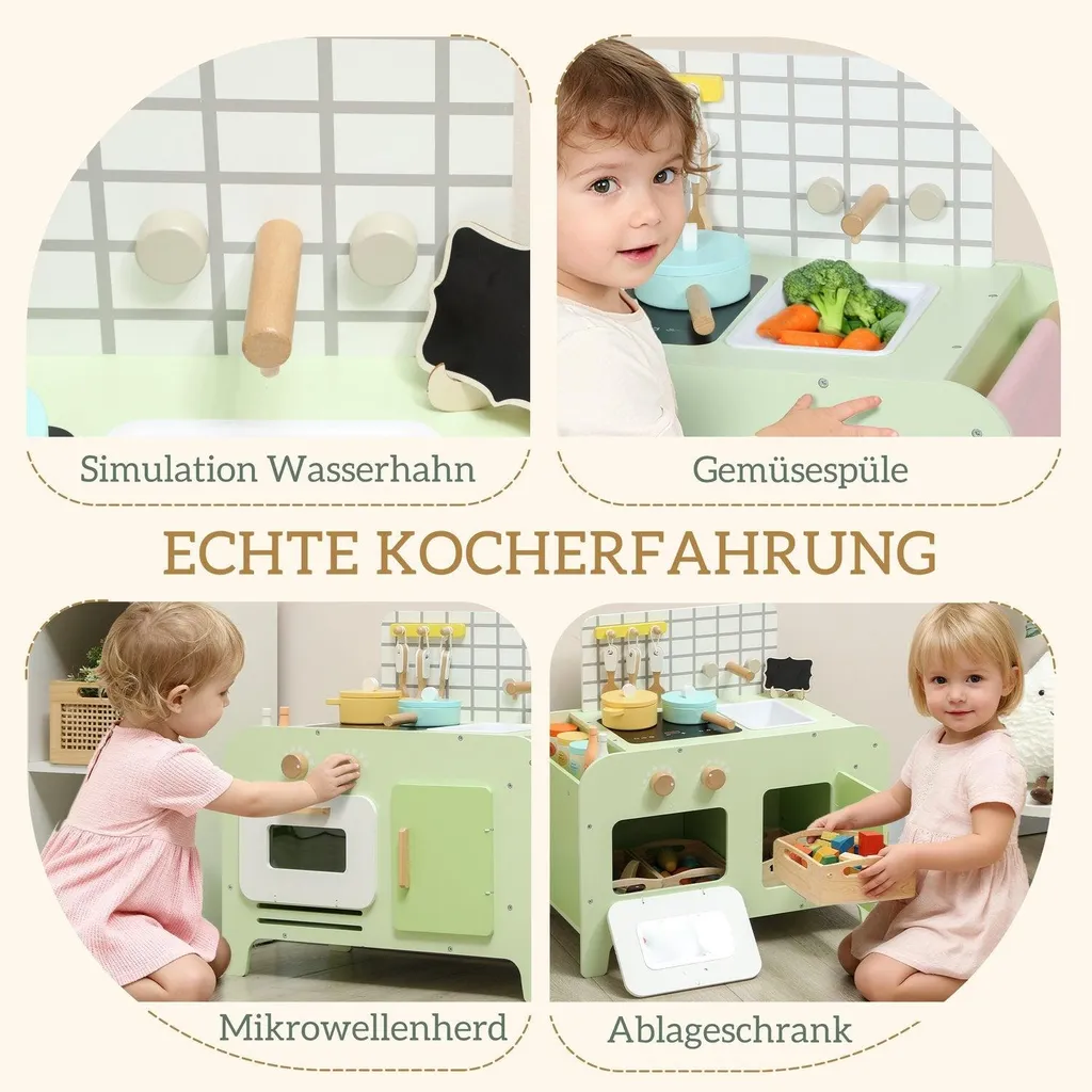 Cuisine jouet en bois MDF vert, set de 15 pièces, format compact 40cm - 4