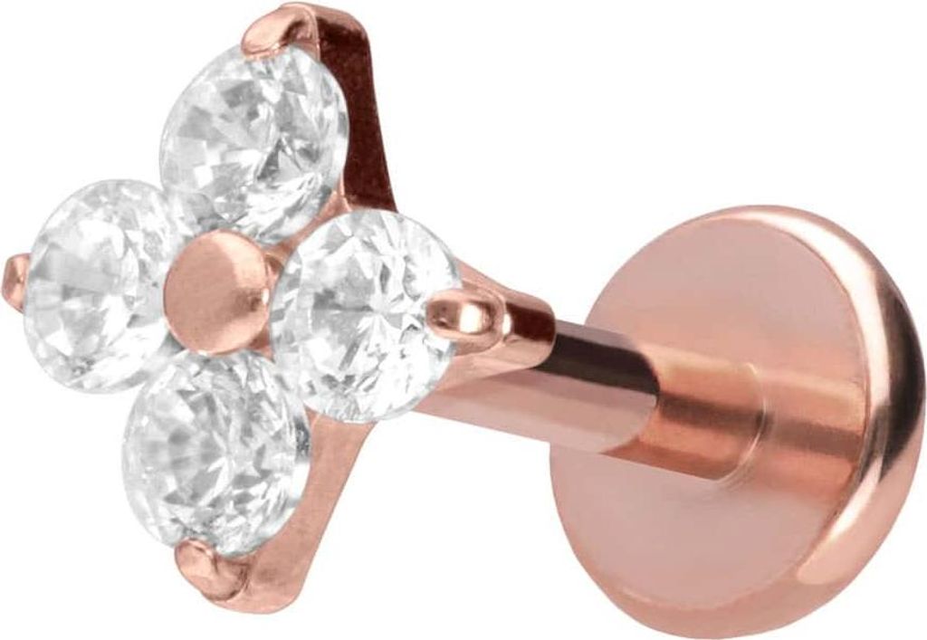 Ohrpiercing, Nasenpiercing Titan Labret mit Push Fit KRISTALLBLUME RoséGold Stablänge: 8mm | Stabstärke: 1mm