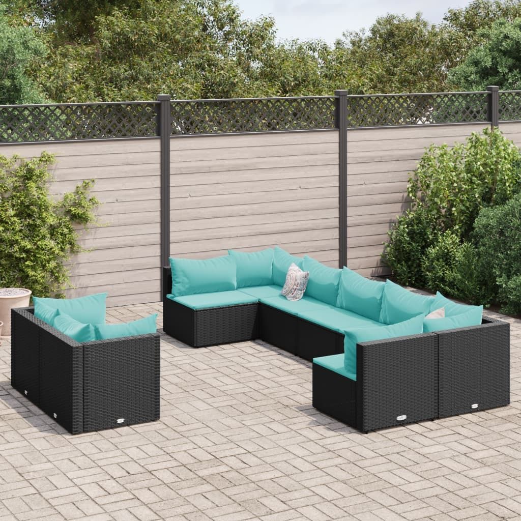 "2025"Modernen 9-tlg. Terassenmöbel/Garten-Sofagarnitur mit Kissen Schwarz Poly Rattan - Gartenmöbelset CHY7500903